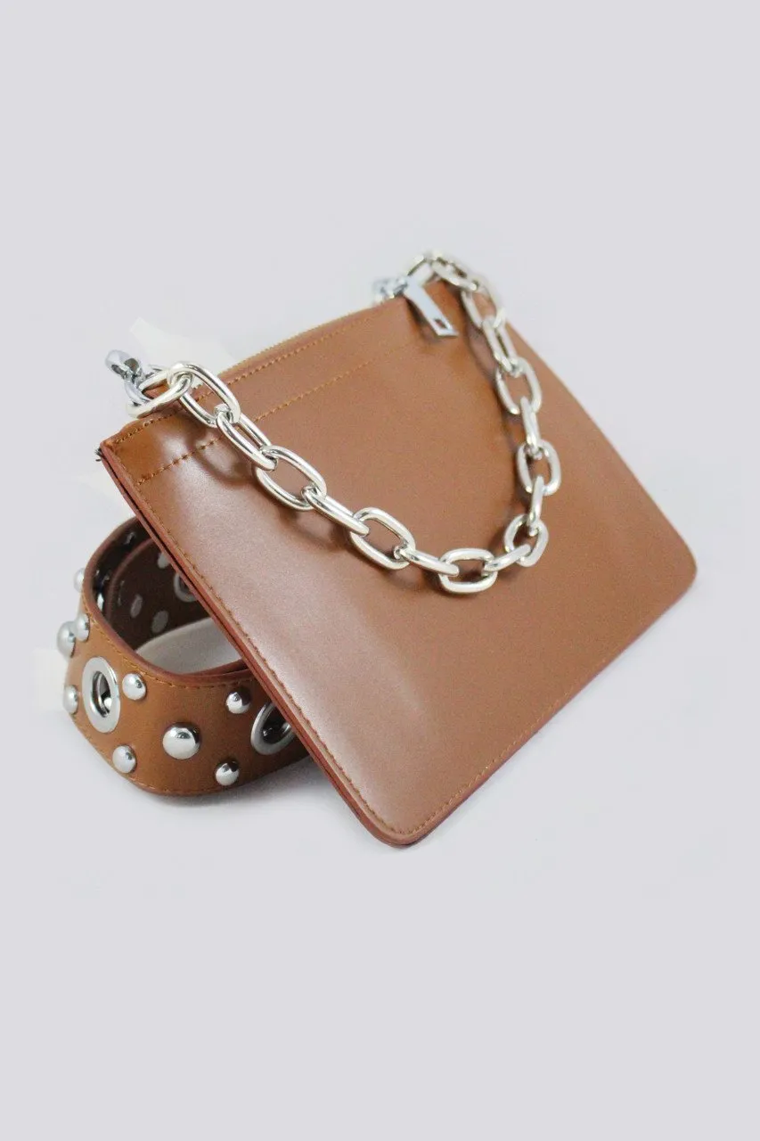 Tan Studded Wide Strap Crossbody Sling Purse