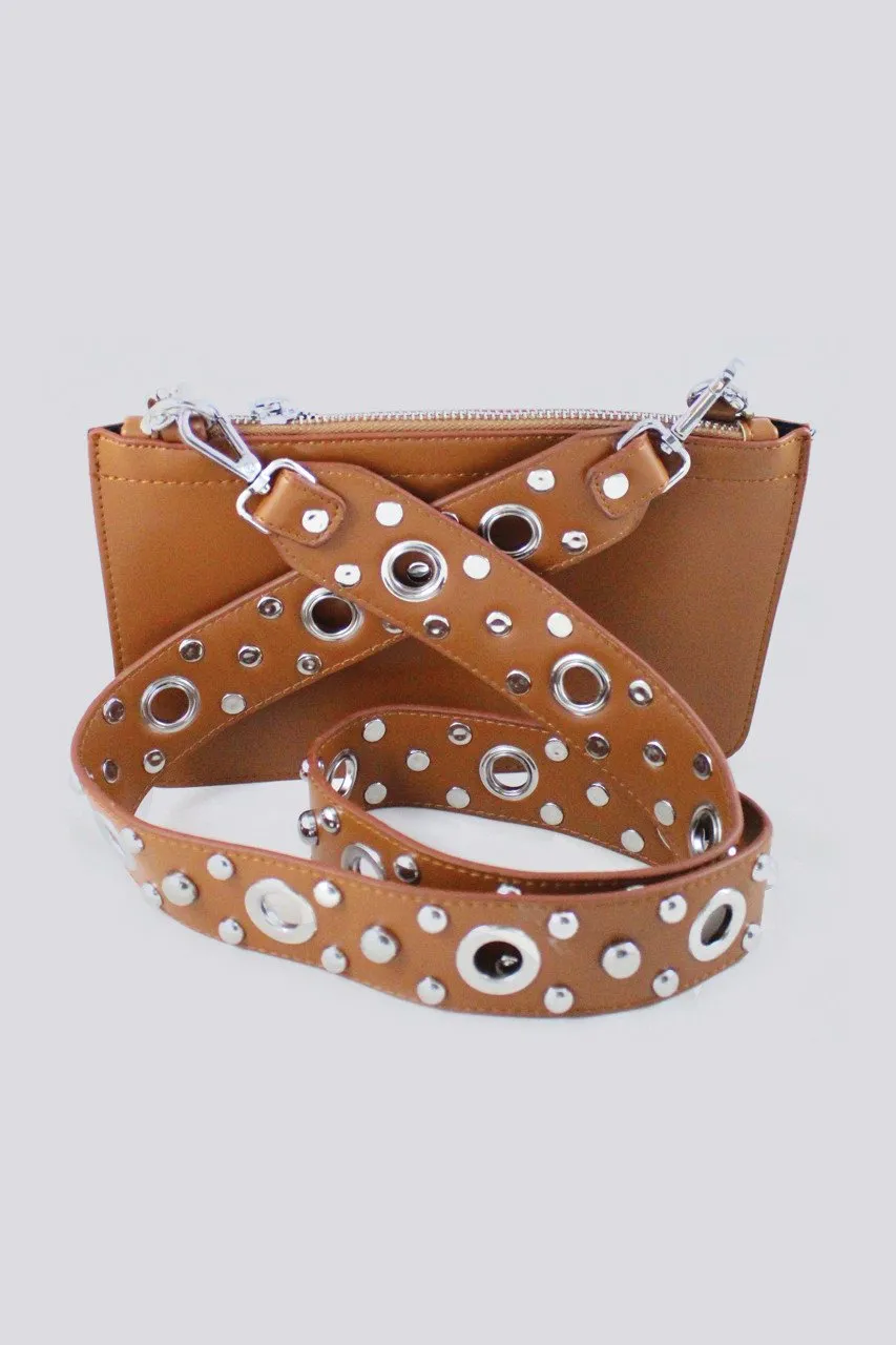 Tan Studded Wide Strap Crossbody Sling Purse