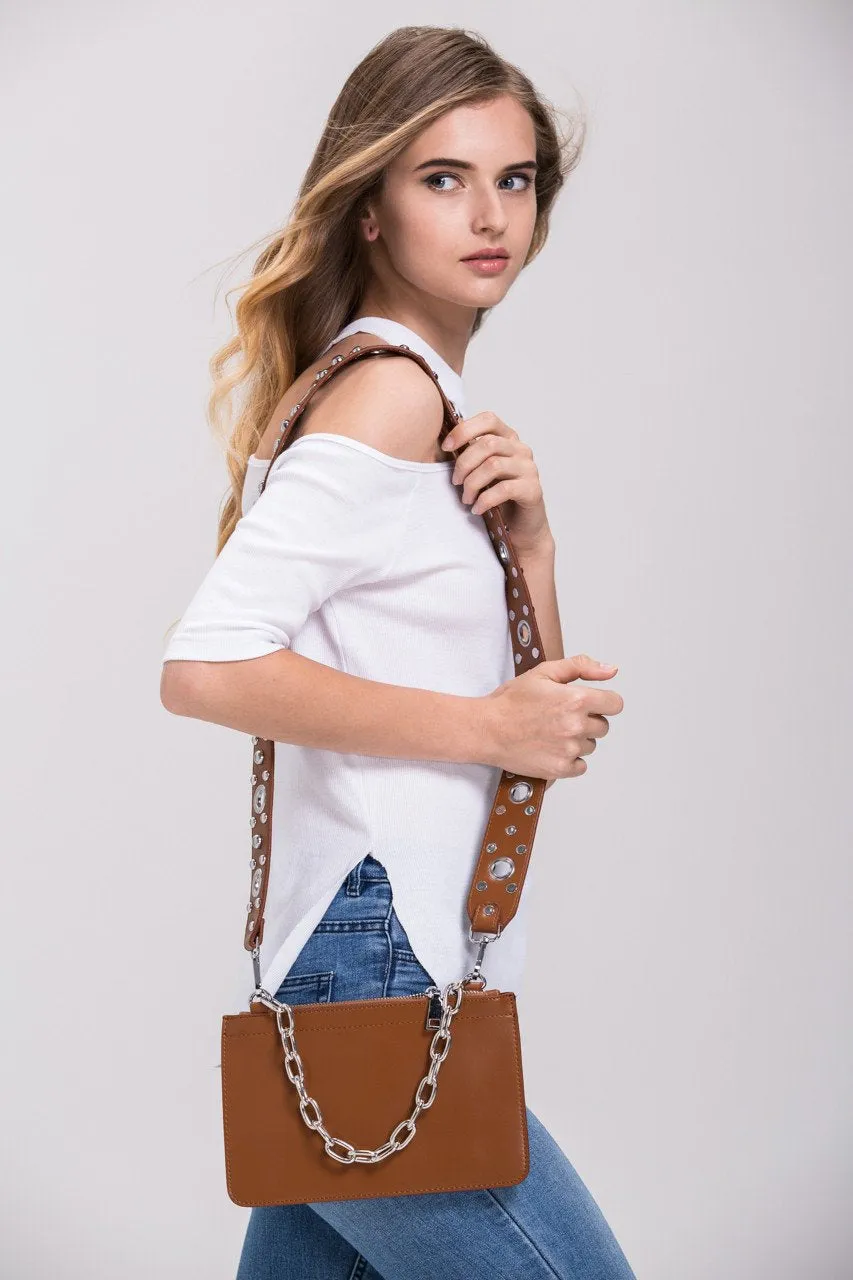 Tan Studded Wide Strap Crossbody Sling Purse