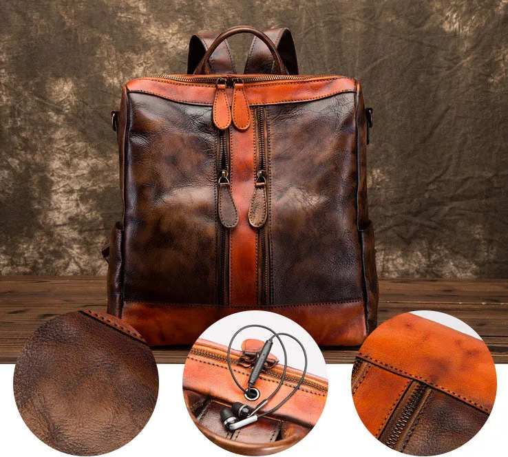 Vintage Womens Small Leather Backpack Purse With Headphone Cable Hole leather Rucksack Bag For Women
