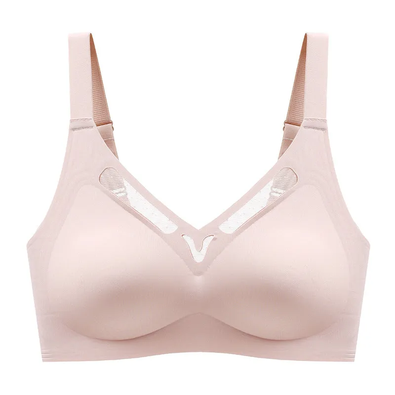 Women Seamless Jelly Strip Big Breasts Showing Small Bra Hollow Underwear Full Cup Thin Bra