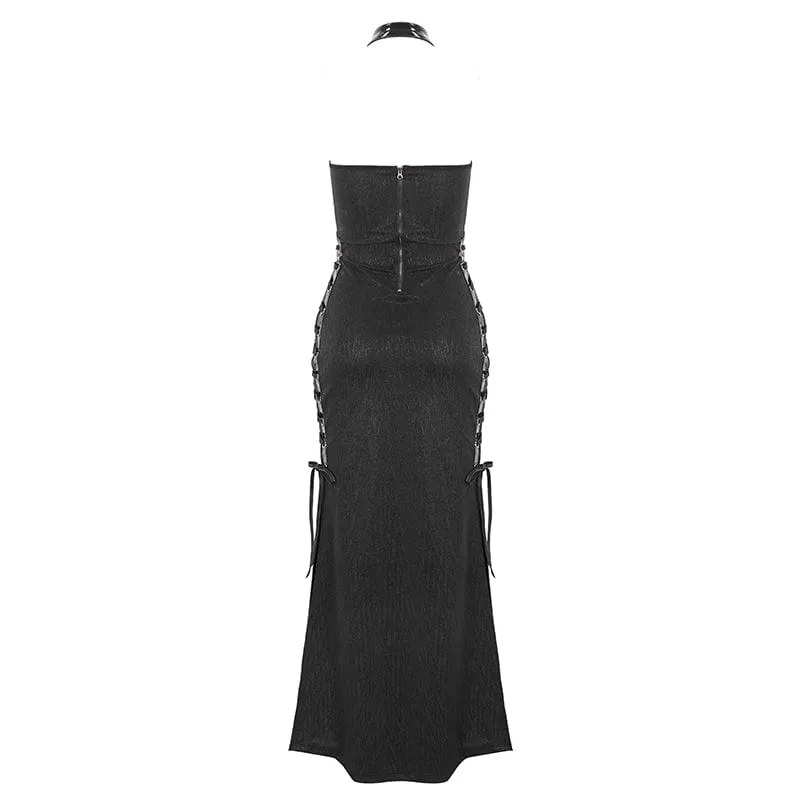 Women's Gothic Strappy Side Slit Fitted Halterneck Dress