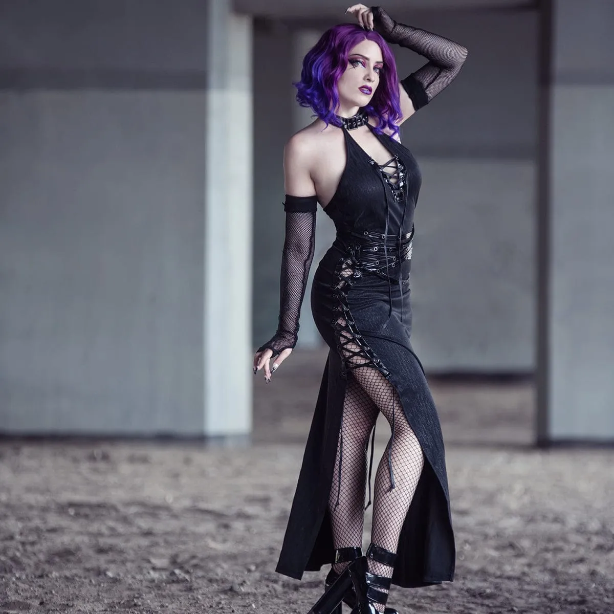 Women's Gothic Strappy Side Slit Fitted Halterneck Dress